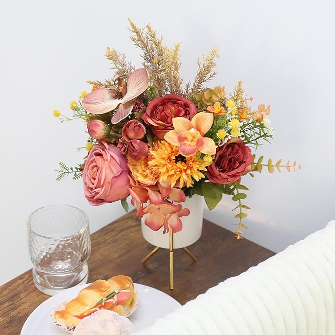 Artificial Orange Carnation and Orchid Flower Arrangement in White Ceramic Vase with Gold Stand (Orange)