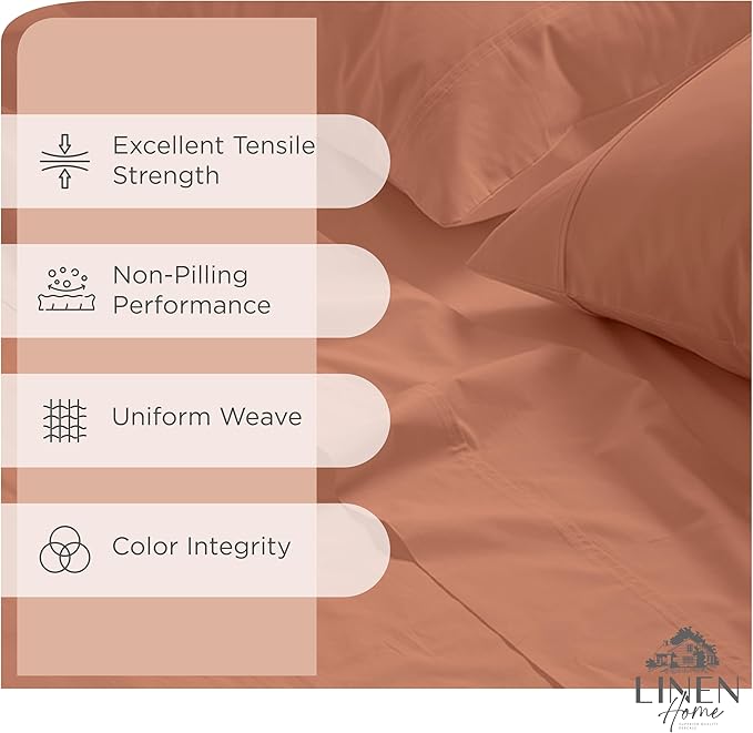 Linen Home 100% Cotton Percale Sheets Queen Size, Tera Clay, Deep Pocket, 4 Pieces Set - 1 Flat, 1 Deep Pocket Fitted Sheet and 2 Pillowcases, Crisp Cool and Strong Bed Linen