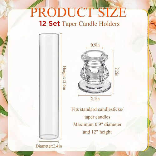 12 Set Christmas Glass Hurricane Candle Holders 12.6" Open Ended Glass Candleholder Tube Shape Bottomless and 2.2" Taper Clear Candlestick Holders for Wedding Party Table Centerpiece (Clear)