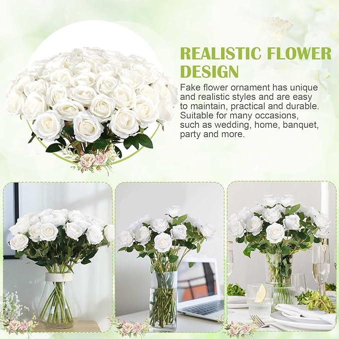 60 Pcs Artificial Roses Bulk Velvet Silk White Roses White Roses for Wedding Centerpieces Bridal Bouquet Mohter's Day Valentine's Day Home Decor (60, White)