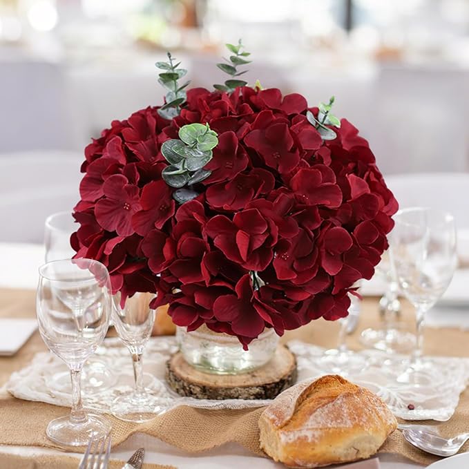AVIVIHO 65pcs Burgundy Hydrangea Artificial Flowers Bulk (Not Squished, No Steaming Need) Realistic Hydrangeas Silk Flowers with Stems for DIY Project Wedding Party Home Wedding Table Decorations
