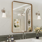 LOAAO 30X36 Inch Bathroom Mirror with Wood Grain Colored Metal Frame, Rounded Rectangle Metal Framed Bathroom Mirror, Anti-Rust, Hangs Horizontally or Vertically, Tempered Glass
