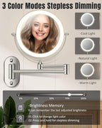 30X/1X Wall Mounted Lighted Makeup Mirror, 8'' Double Sided Rechargeable Magnifying Bathroom Mirror with Light, 3 Color Lights Touch Dimmable Extended Arm 360 Rotation Light up Mirrors
