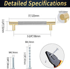 Knurled Cabinet Pulls 6 Pack, 5 Inch Long Cabinet Handles Metal Door Pulls, Kitchen Drawer Pull Knurled Dresser Handles - 3 3/4" Hole to Hole, Grey & Gold