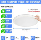 SunRider LED Flush Mount Ceiling Light Fixture, 5000K Daylight White, 2400LM, 12 Inch 24W White Round Flat Bedroom Lights, 240W Equiv. Non-Dimmable