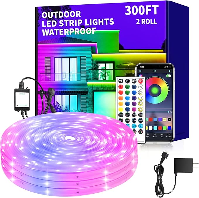 300 ft Outdoor LED Strip Lights Waterproof,IP68 Waterproof LED Light Strips with Remote,App Control Music Sync RGB Outdoor LED Rope Lights,LED Lights for Bedroom,Roof,Deck,（2 Rolls of 150ft）