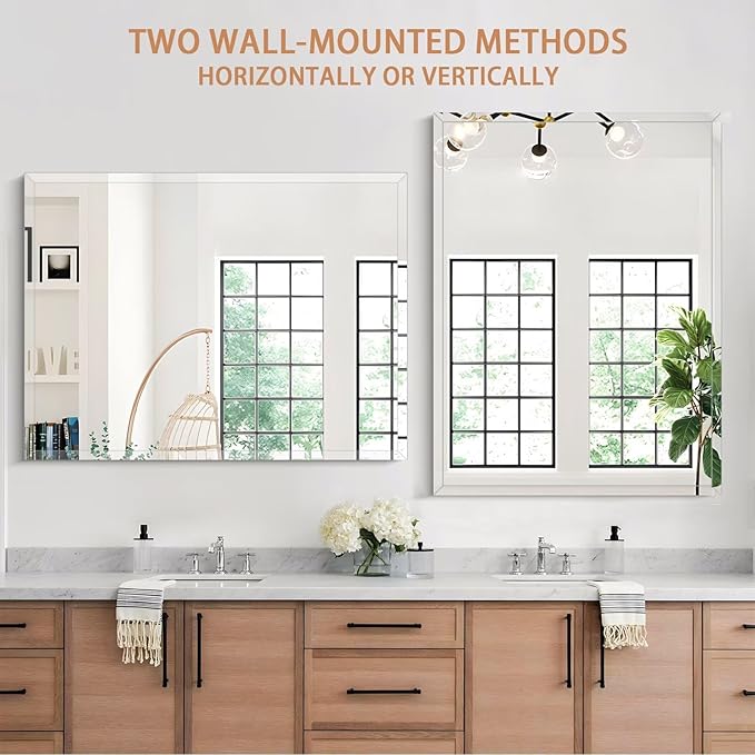 Frameless Mirror for Bathroom Vanity,24x36in Wall Mounted Mirrors for Over Sink Decorative Rectangular Frameless Mirror,With Polished Edge,Hangs Horizontally Or Vertically,Entryways,Room,Shatterproof