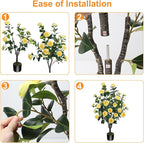 3.6FT Artificial Camellia Fake Tree, Artificial Plants & Flowers with 32 Yellow Flowers for Door Front Decoration Porch Patio Living Room Office Indoor Outdoor Decor (2PCS Contains Dried Moss)