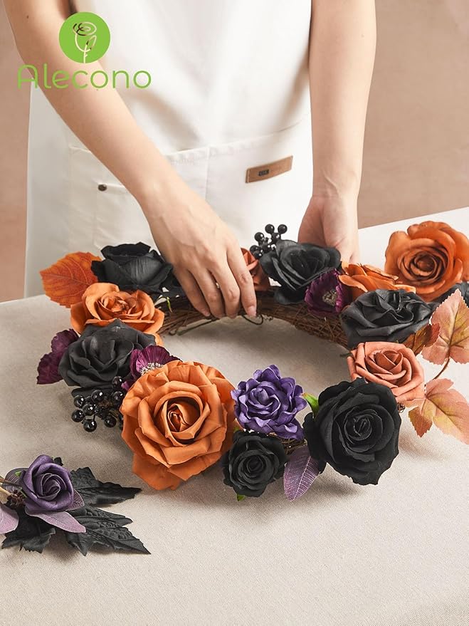 Alecono Artificial Flowers, Orange and Purple Silk Fake Flowers for DIY Wedding Bridal Bouquets, Cake Flowers for HalloweenTable Centerpieces Party Home Decorations