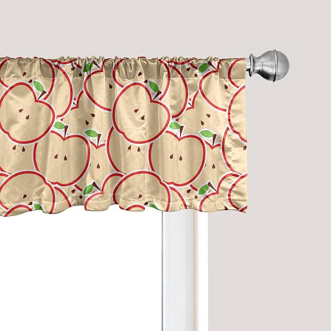 Ambesonne Fruits Window Valance Pack of 2, Modern Illustration Fruit from Abstract Cartoon Drawing Outline Look, Rod Pocket Curtain Valances for Kitchen Bedroom, 42" X 18", Apple Green Beige and Red