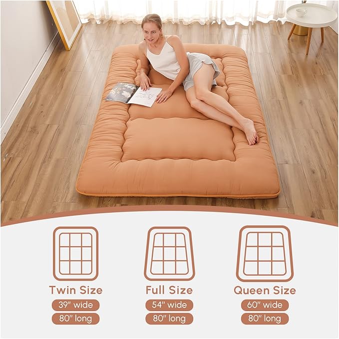 Japanese Floor Mattress, Futon Mattress with Portable Storage Bag and Washable Cover, Roll Up Thick Tatami Mat Suitable for Camping, Guest Room, Light Coffee, Twin