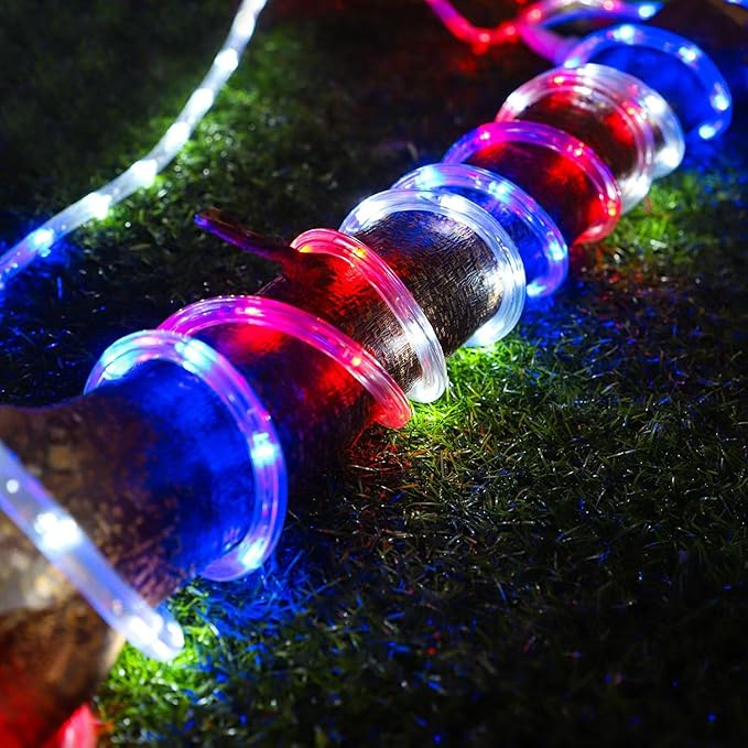 50ft 360 LED Waterproof Rope Lights, 110V Connectable Indoor Outdoor Led Rope Lights for Deck, Patio, Pool, Camping, Bedroom Decor, Landscape Lighting and More (RED+White+Blue)