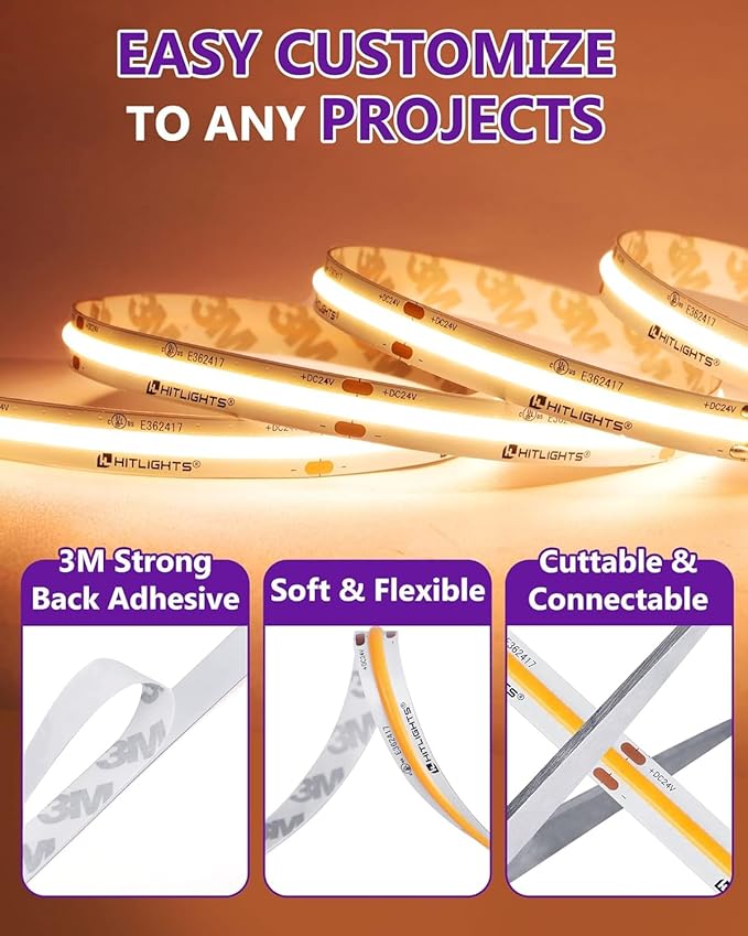 HitLights COB LED Strip Lights Warm White 2700K, 32.8ft Premium High Density 24V Tape Light, 5120 LEDs, 350+ LM/FT, CRI 90+, IP30, Lighting for Kitchen, Cabinets, UL Listed (Power Source Not Included)