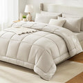 CozyLux Oversized Queen Comforter Sets Beige, 7 Pieces Bed in a Bag, Ultra-Soft All Season Bedding Sets with Stitch Quilted Comforter, Flat Sheet, Fitted Sheet, Pillowcases, Beige
