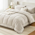 CozyLux Oversized Queen Comforter Sets Beige, 7 Pieces Bed in a Bag, Ultra-Soft All Season Bedding Sets with Stitch Quilted Comforter, Flat Sheet, Fitted Sheet, Pillowcases, Beige