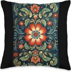 Traditional Norwegian Rosemaling Folk Art Throw Pillow