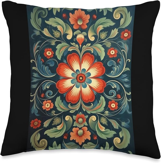 Traditional Norwegian Rosemaling Folk Art Throw Pillow