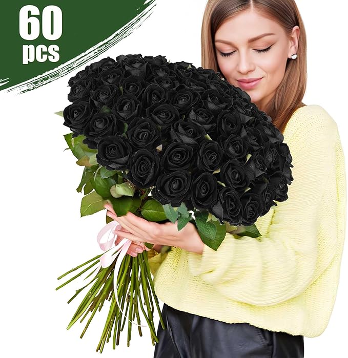 60 Pcs Artificial Roses Bulk Velvet Silk Black Roses Roses for Wedding Centerpieces Bridal Bouquet Mohter's Day Valentine's Day Halloween Home Decor(60, Black)