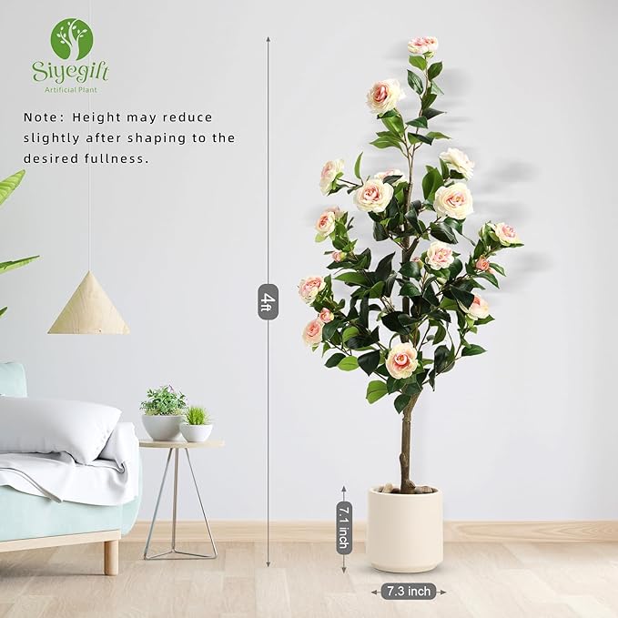 4FT Artificial Camellia Tree with White Planter & Pebbles,Faux Flower Tree with Lifelike Leaves and Realistic Trunk,Tall Fake Potted Plant for Home Décor Indoor Outdoor. (White, 4FT)