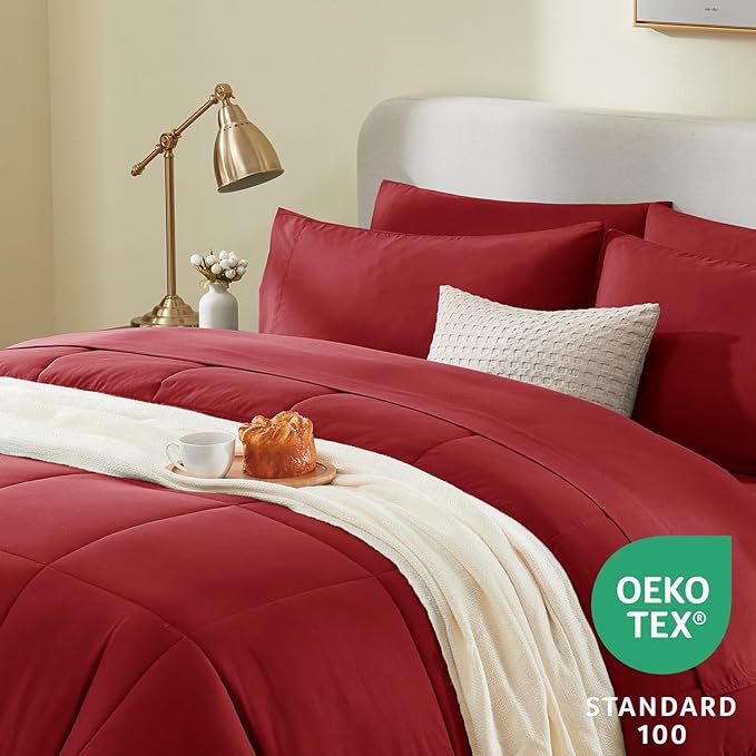 CozyLux Queen Comforter Set Dark Red, 7 Pieces Bed in a Bag, Red Comforter Queen Size, All Season Bedding Sets with Stitch Quilted Comforter, Flat Sheet, Fitted Sheet, Pillowcases