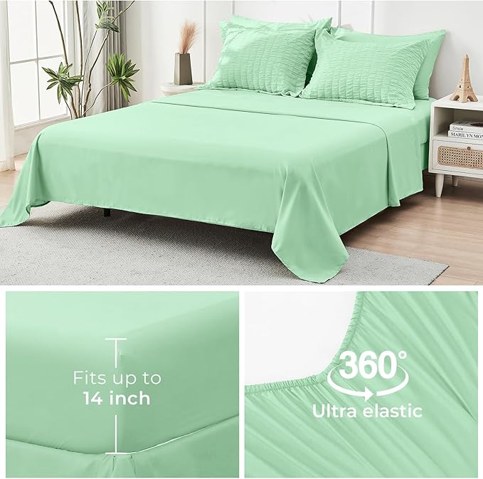 HYMOKEGE Mint Green King Size Comforter Set Seersucker 7 Pieces, All Season Luxury Bed in a Bag for Bedroom, Bedding Set with Comforter, Sheets, Pillowcases & Shams