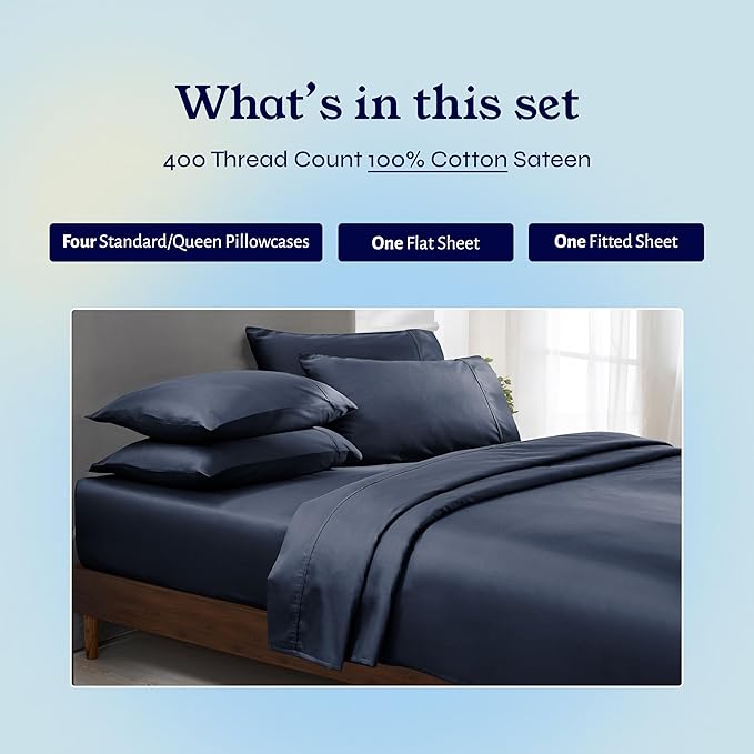 California Design Den 6-Pc Queen Size Sheet Set with 4 Pillowcases - 400 Thread Count 100% Cotton Sheets, Cooling Sateen Weave, Luxury Deep Pocket Bedsheets Set - Indigo Dusty Blue