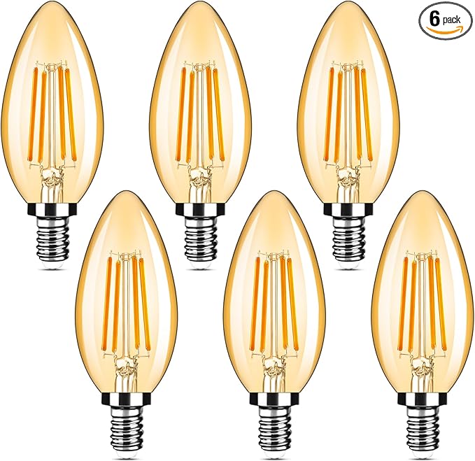 6-Pack Dimmable E12 LED Candelabra Bulbs 40Watt Equivalent, 2200K Amber Warm White, 380Lumens, 4W B11 Amber Chandelier Light Bulbs, LED Filament Clear Glass Candle Lamp for Ceiling Fan Home Decor