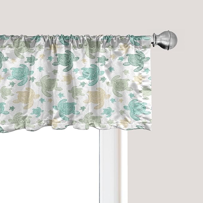 Ambesonne Turtles Window Valance Pack of 2, Illustration of Repeating Motifs of Animal Print in Assorted Tones, Rod Pocket Curtain Valances for Kitchen Bedroom, 42" X 12", Seafoam and Grey Yellow