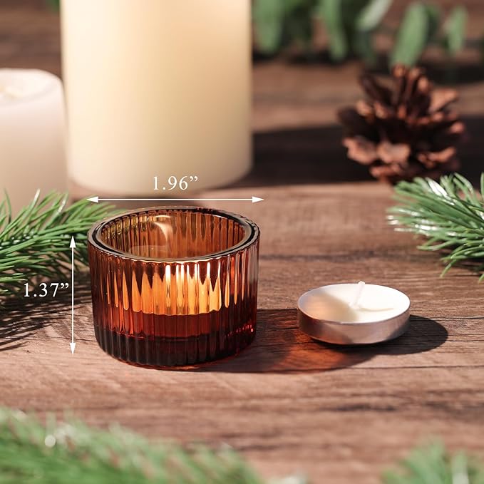 30Pcs Ribbed Amber Votive Candle Holders for Table Centerpiece, Amber Tea Light Candle Holders with 32pcs Tea Light Candles for Wedding Decor, Home Decor and Party Decor