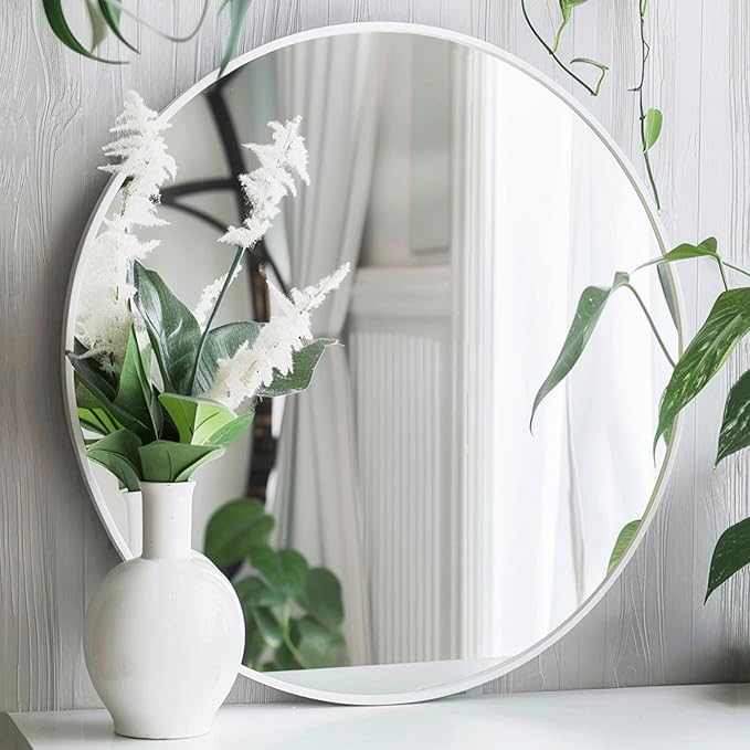 White Round Mirror 30 inch, Large Round Mirror, Bathroom Mirror Matte Metal Frame, Circle Mirrors for Living Room, Bathroom, Wall, Hallway.