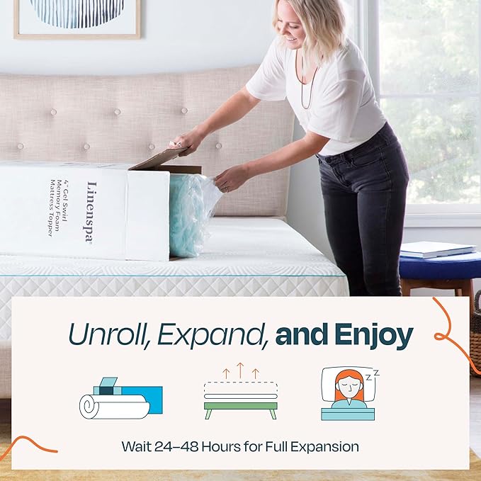 Linenspa 3 Inch Gel Swirl Memory Foam Mattress Topper – Cooling Gel Infused – Pressure Relieving Bed Topper - Mattress Pad – CertiPUR Certified - Full Size