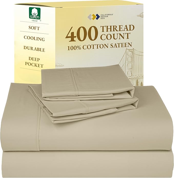 California Design Den King Size Sheets Set - Soft 400 Thread Count Sateen, Natural 100% Cotton Sheets with Deep Pockets, Breathable, Cooling and Durable Bedding Set - Beige (Golden Tone)