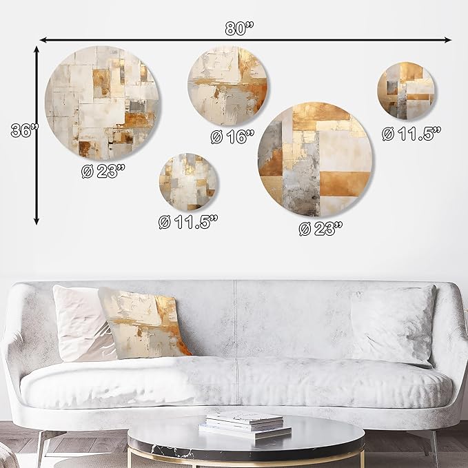 DesignQ Traditional Metal Wall Art Decor Set - Beige Metal Wall Art For Living Room - Serene Art Of Modern Scandinavian In Minimalism Set Of 5 round metal - 80" wide x 36" high - 5 metal wall Panels