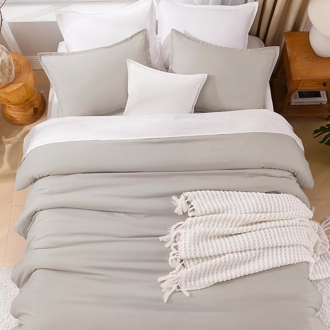 Litanika Linen Grey Comforter Set King Size, 3 Pieces Lightweight Solid Bedding Comforter Set, All Season Fluffy Bed Set (104x90In Comforter & 2 Pillowcases)