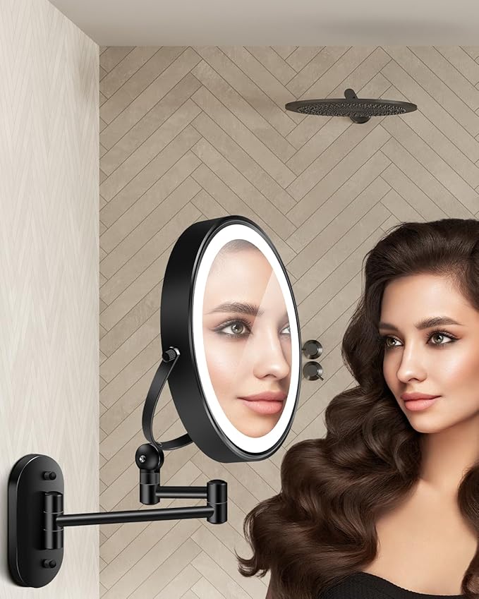 30X/1X Wall Mounted Lighted Makeup Mirror, 9'' Height Adjustable Double Sided 5000mAh Rechargeable Magnifying Bathroom Mirror with Light, 3 Color Modes Touch Dimmable Extended Arm 360 Rotation