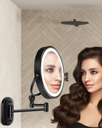 30X/1X Wall Mounted Lighted Makeup Mirror, 9'' Height Adjustable Double Sided 5000mAh Rechargeable Magnifying Bathroom Mirror with Light, 3 Color Modes Touch Dimmable Extended Arm 360 Rotation