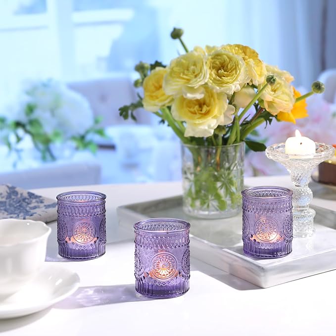 24pcs Purple Votive Candle Holders for Table Centerpieces, Glass Tea Lights Candle Holder for Bridal Shower, Baby Shower Decrations, Boho Tea Party Purple Decor, Gifts for Women