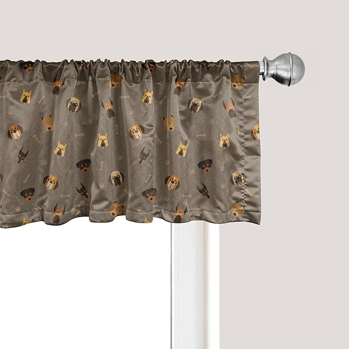 Ambesonne Dog Lover Window Valance Pack of 2, Repetitive Pattern of Pet Heads Paw Prints and Bones, Rod Pocket Curtain Valances for Kitchen Bedroom, 54" X 12", Taupe