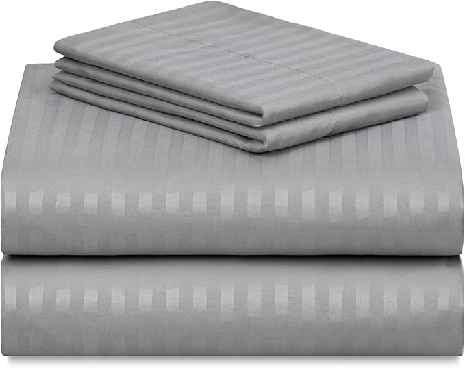 LuxClub 4 PC Queen Size Sheet Set Bed Sheets, Breathable Luxury Deep Pockets 16" Wrinkle Free Cooling Sheets Machine Washable Hotel Bedding (Queen, Striped Light Grey)