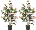Artificial Camellia Tree 2 Pack, 36’’ Faux Camellia Plant in Pot with Pink Flowers, Greenery Potted Plant for Indoor Outdoor Office Home Porch Decor, Pink