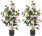 Artificial Camellia Tree 2 Pack, 36’’ Faux Camellia Plant in Pot with Pink Flowers, Greenery Potted Plant for Indoor Outdoor Office Home Porch Decor, Pink