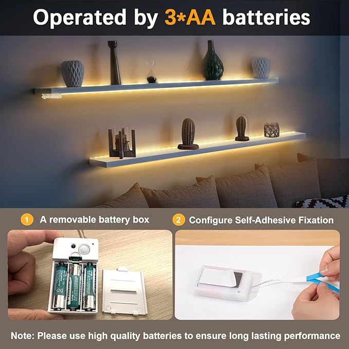 Battery Powered LED Strip Lights, COB Motion Sensor LED Strip Lights 20 inch x 3 Pack for Kitchen Under Cabinet Lighting, Shelves, Under Counter, Closet, Cordless Click Light, Warm White 3000K