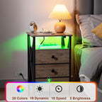 AMHANCIBLE LED Night Stand, Nightstand with Charging Station, Smart End Side Table with USB Port & Power Outlet, Bedside Table with 3 Fabric Drawers for Bedroom, Living Room, Greige HET053LGY1