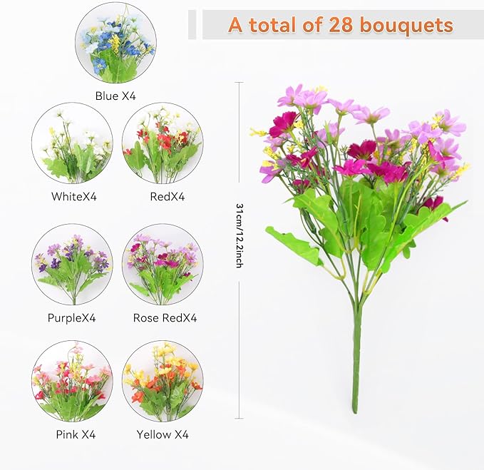 28 Bundles UV Resistant Outdoor Silk Artificial Flowers,7 Colors, Faux Daisy Flowers Hanging Fake Plants for Porch Patio Garden Window Yard Farmhouse Summer Autumn Decoration.