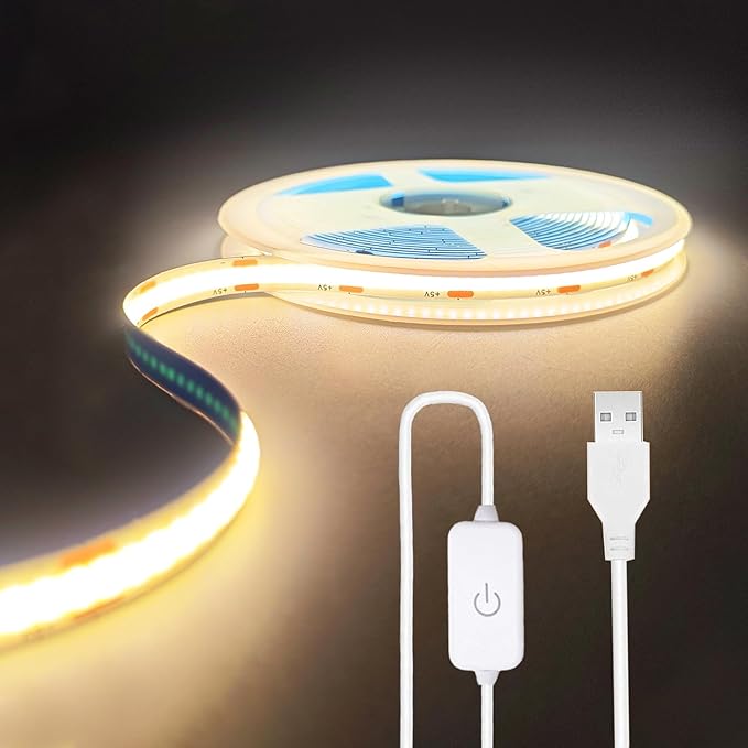 A 5V USB LED Light Strip, COB LED Strip Lights, Warm 5V LED Lights, Small LED Strip Light, TV Lights for TV Under Cabinet Kitchen Living Room Shelving or Displays (Warm 6.56ft)