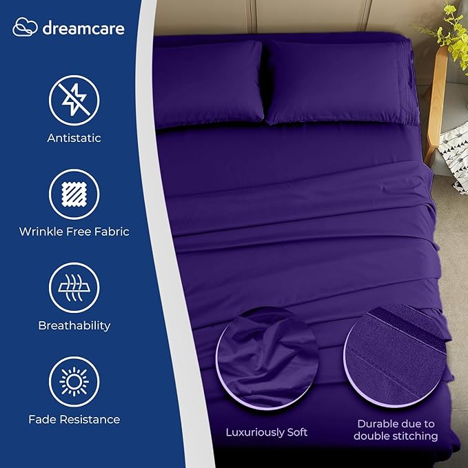 DREAMCARE King Size Sheets Set – 4 pcs Cooling Sheets – up to 21” Deep Pocket King Sheet Set – Hotel Luxury Sheets & Pillowcases – Superior Softness 100% Fine Microfiber with Side Pocket – Purple