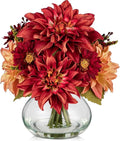 Briful Faux Fall Flowers in Vase, Artificial Dahlia & Mum Silk Floral Arrangement with Clear Glass Vase Fake Autumn Flowers Bouquet for Home Office Dining Room Table Centerpiece Decoration