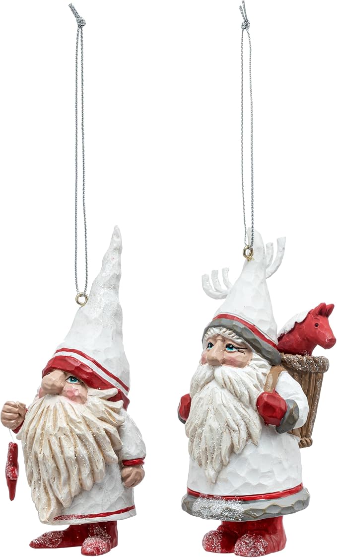 DEMDACO Cozy Time Red, White 5 x 2 Inch Resin, Polyester Christmas Tree Decoration, Festive Holiday Décor, Hanging Ornaments, Set of 2, Gnome Traveler