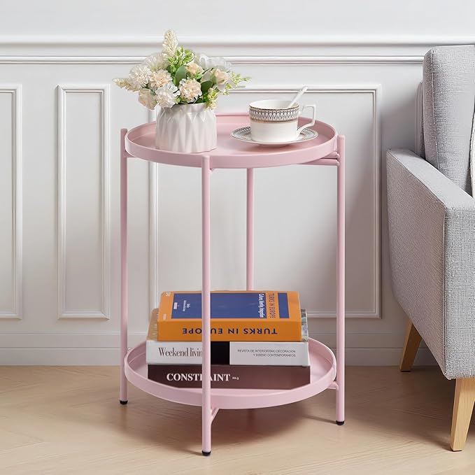 HollyHOME 2-Tier Round Side Table, Outdoor Small Folding Accent Stand with Removable Tray, Anti-Rust Metal Asional Table for Balcony Patio Living Room, Nightstand for Bedroom(Pink)