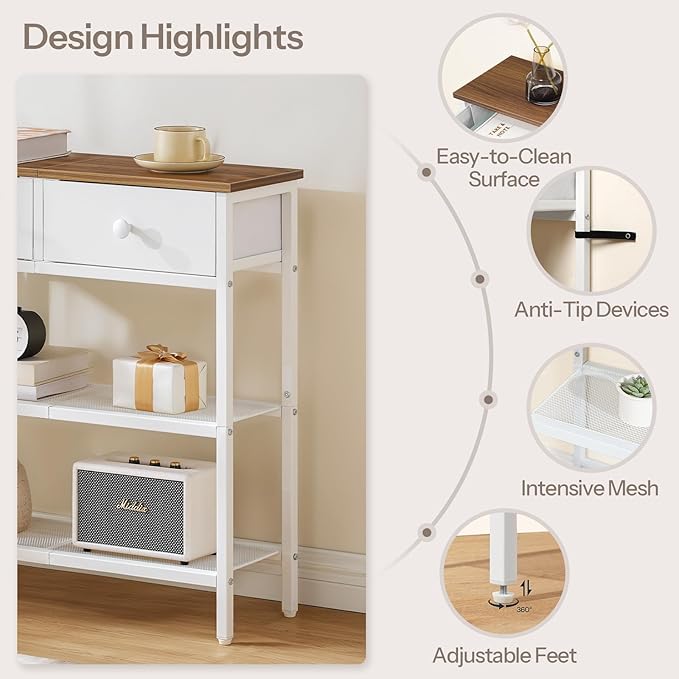 HOOBRO 29.5" Narrow Console Table with 2 Fabric Drawers, Sofa Table, Small Entryway Table with 3-Tier Storage Shelves, Behind Couch Table, for Living Room, Hallway, Walnut and White WH72XG01